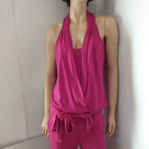 Hot Fuschia Pink Jersey jumper halter cat cutout jumpsuit Mobwife Sexy Glamour